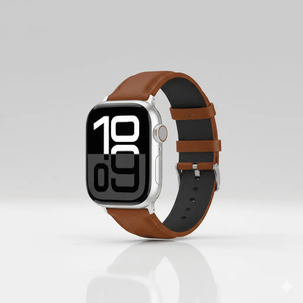 Apple Series 11 silver head with brown leather strap