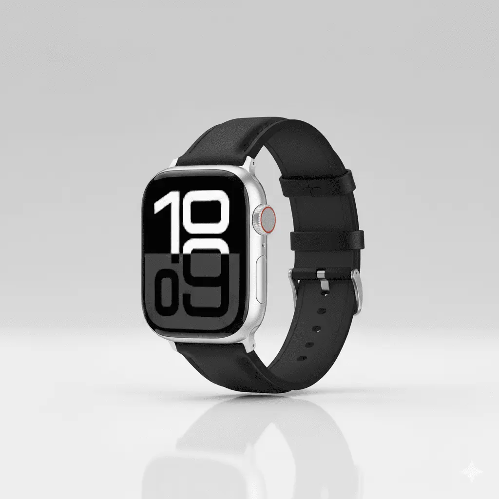 Apple Series 11 silver head with black leather strap